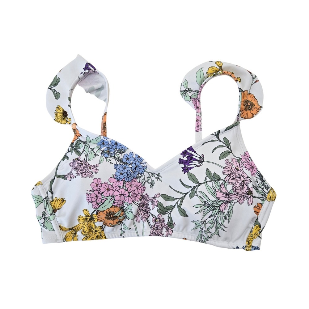 Kona Sol White Floral Ruffle Strap Bikini Top V-Neck Small Cottagecore Botanical